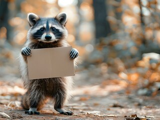 Fototapeta premium Playful Raccoon Holding Blank Cardboard Sign in Autumnal Forest Clearing