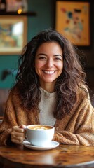 A cheerful woman enjoying a warm cup of coffee in a cozy cafe setting, surrounded by colorful decor and a relaxed atmosphere.