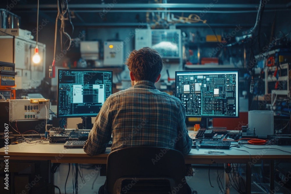Aufkleber Man sitting at desk with two computer monitors, possibly working or studying.