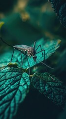 A close-up of a mosquito perched on vibrant green leaves, showcasing intricate details of nature's tiny creatures.