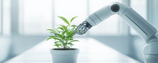 A robotic arm nurturing a green plant in a modern, bright environment, showcasing the blend of technology and nature.