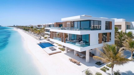 Fototapeta premium Modern beachfront villa with glass walls and spacious terraces overlooking the ocean. The property features a pool, numerous lounge areas, and is surrounded by palm trees.