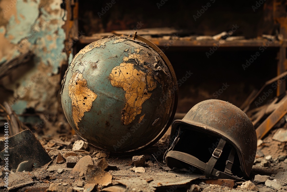 Poster a damaged building with debris and a helmet and globe amidst the wreckage.