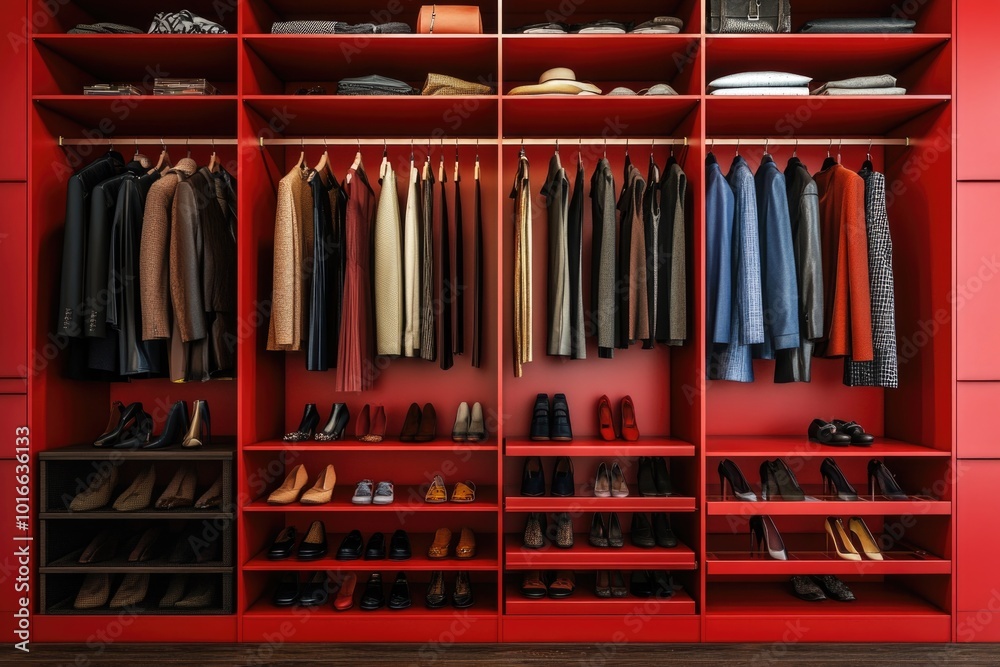 Poster a closet filled with many clothes and shoes, perfect for illustrating organization or storage concep