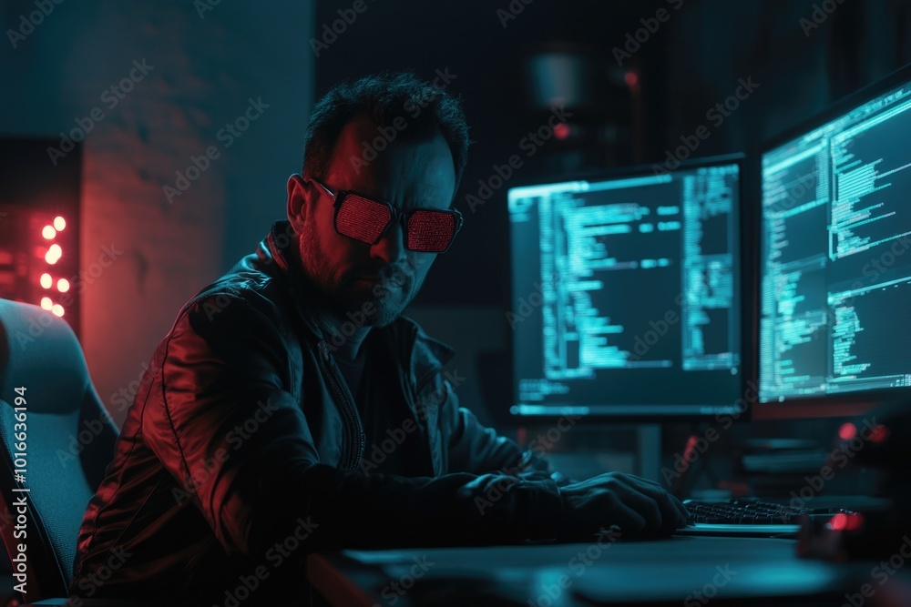 Poster a person seated at a workspace with dual computer monitors, ideal for office or home use.