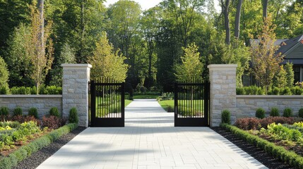 Fototapeta premium A black gate bordered by tall stone pillars in a well-manicured landscape, creating a sleek, private entrance for a modern home.