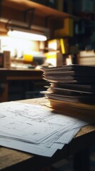 A cluttered desk with stacks of paper and blueprints, illuminated by a warm lamp, ideal for creative and office-themed projects.