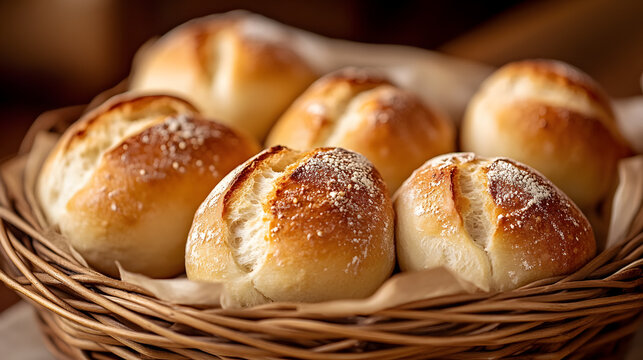 fresh bread rolls buns in wicker basket, delicious bakery for breakfast