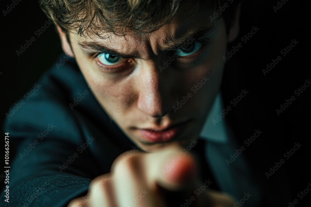 Poster a close-up shot of a person pointing their finger at the camera, perfect for expressing surprise or 