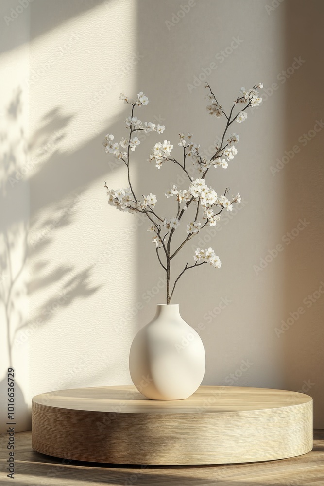 Poster a simple yet elegant scene with a white vase placed on a wooden table, great for decorating and inte