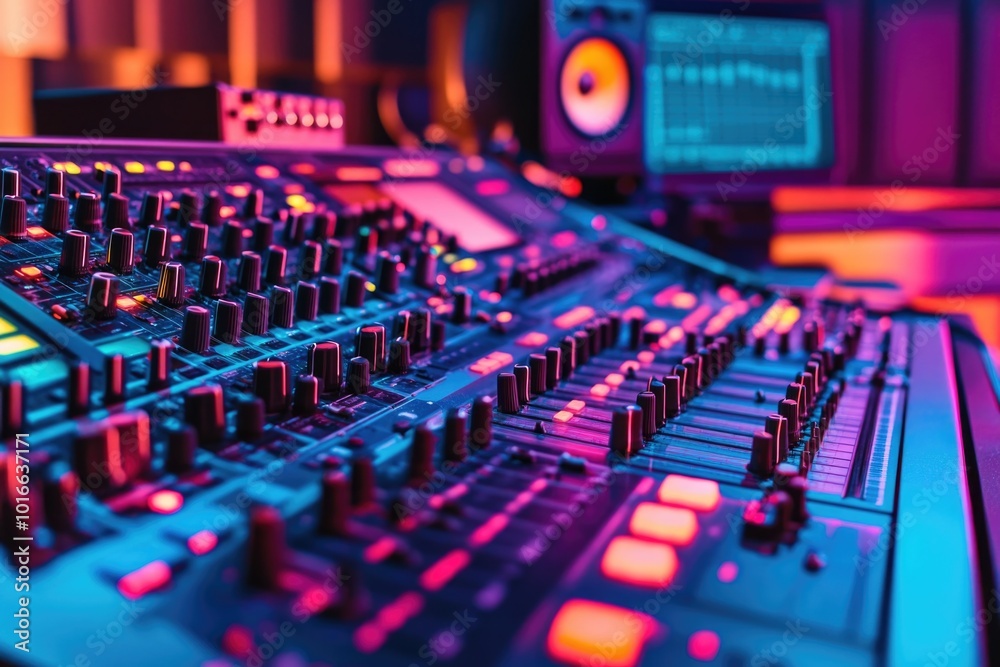 Poster a close-up shot of a mixing board in a recording studio, ideal for music-related projects and design