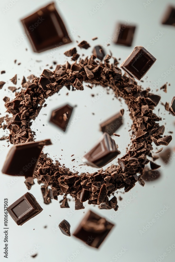 Poster a colorful chocolate circle made from various chocolate pieces on a clean white surface.