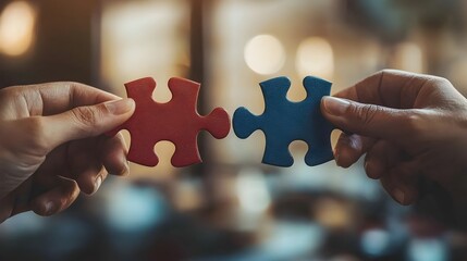 Hands holding red and blue puzzle pieces coming together symbolizing problem solving to achieve a successful agreement or contract