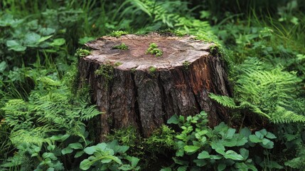 Fototapeta premium A close-up of a broken tree stump, surrounded by lush green foliage, showcasing nature resilience and the beauty