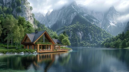 Fototapeta premium Serene Lakeside Cabin with Mountain Views and Lush Greenery in a Tranquil Natural Setting