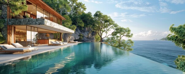 Luxurious Modern Beachfront Villa with Infinity Pool Overlooking Ocean and Scenic Landscape