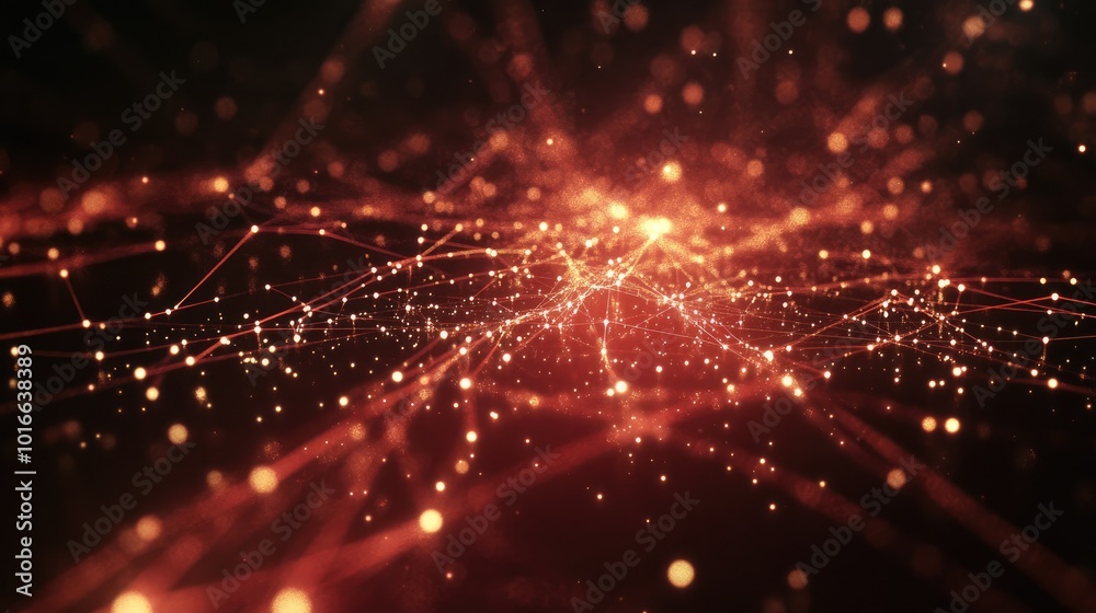 Poster a complex digital network made of glowing particles, showcasing the interconnected web of informatio