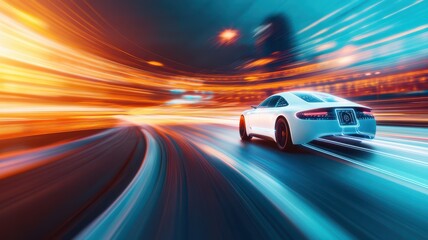 Fototapeta premium Dynamic shot of a sleek white car racing through a vibrant cityscape at night, showcasing speed and motion with colorful lights.