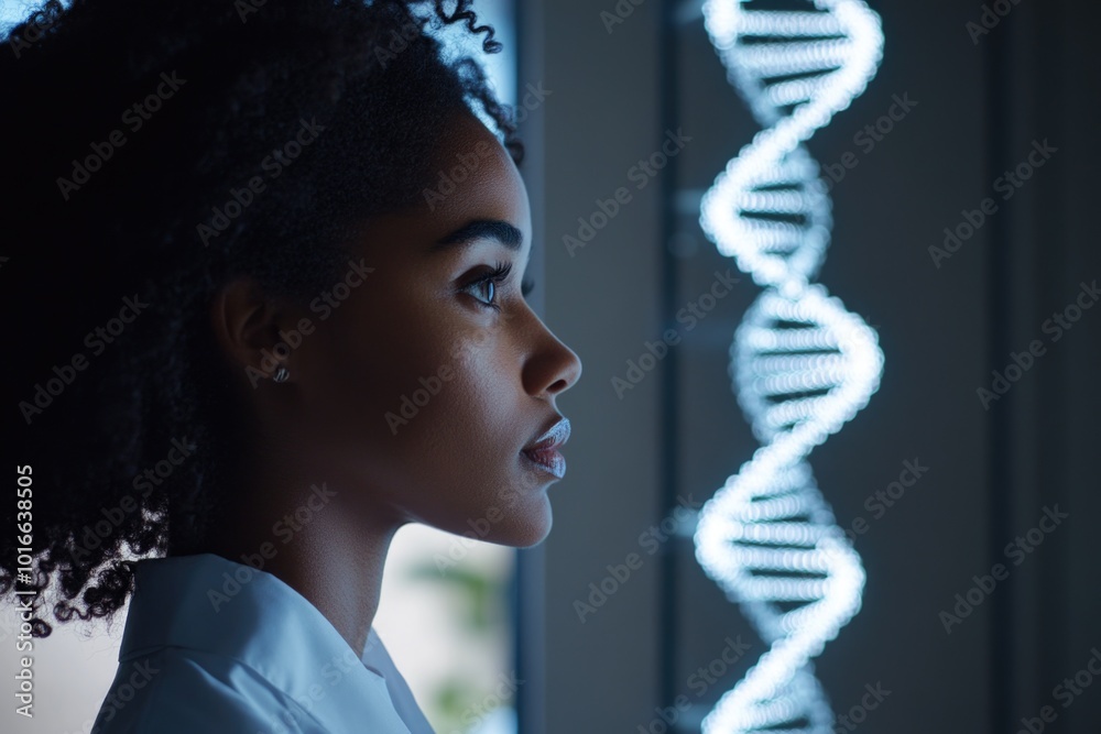 Poster a scientist looks out the window from her laboratory setting.