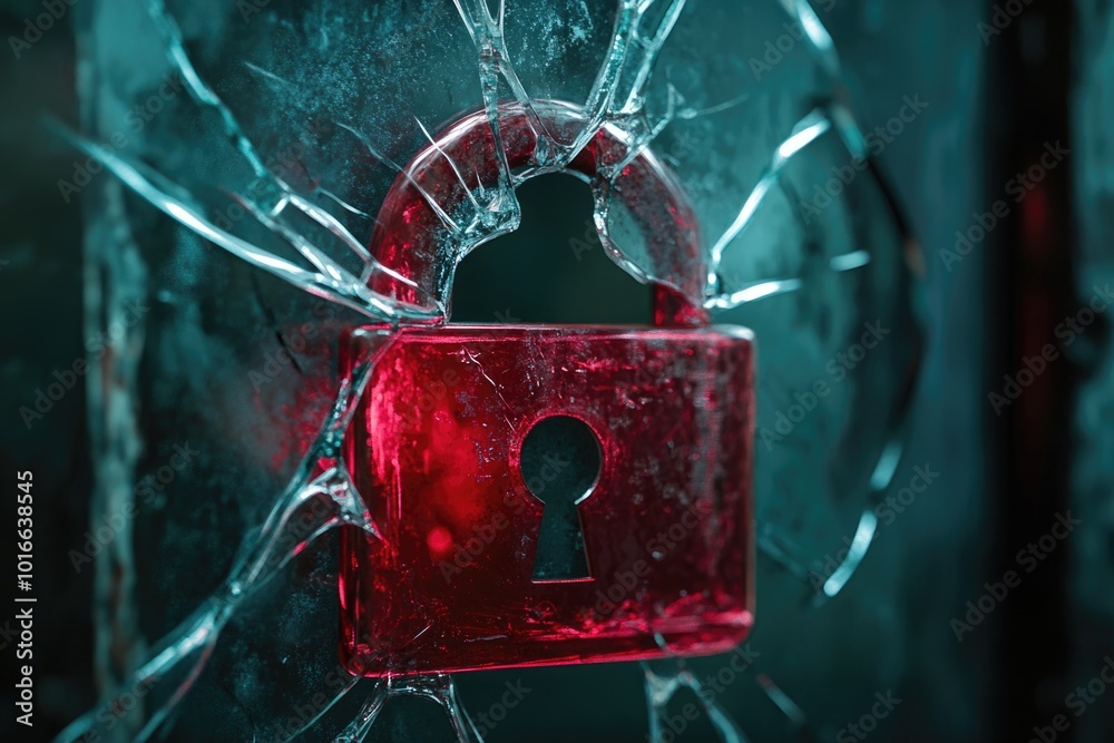 Poster a broken glass door with a red lock on it, isolated on a plain background.