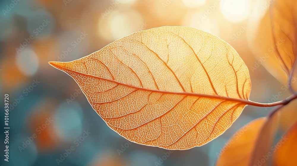 Poster a close-up of a shimmering golden leaf with delicate veins, illuminated by soft sunlight, showcasing