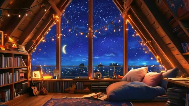 Animated virtual backgrounds cozy study space wooden beams, fairy lights, lo-fi living room vtuber asset twitch zoom OBS. lofi music 2D 4k Lofi Japanese manga Anime-style Looping hip hop Music Video