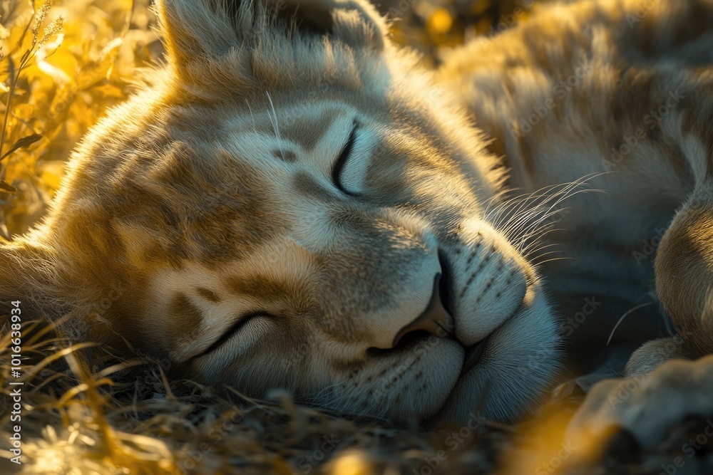 Poster a close-up view of a domestic cat resting on the ground.