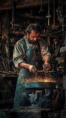 A craftsman skillfully forging metal in a traditional workshop, surrounded by tools and glowing sparks from the anvil.