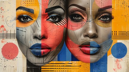 Vibrant Abstract Collage Art with Modern Female Portraits in Bold Colors and Geometric Patterns