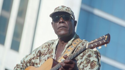 Street Musician Captivating Audience with Soulful Guitar Tune in Ultra-Realistic Candid Shot