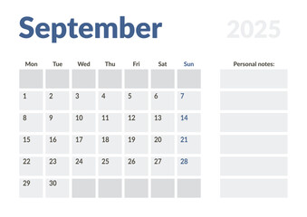 Monthly page Calendar Planner Template of September 2025. Vector layout of calendar with week start Monday for Scheduling. Page for size A4 or 21x29.7 cm