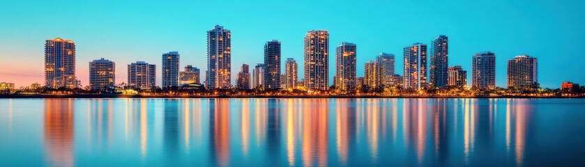 Naklejka premium Stunning city skyline at dusk reflecting in calm waters, showcasing modern architecture and vibrant colors.