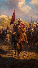 Obraz premium A dramatic scene of a historical cavalry charge led by a warrior, showcasing power and movement against a scenic backdrop.