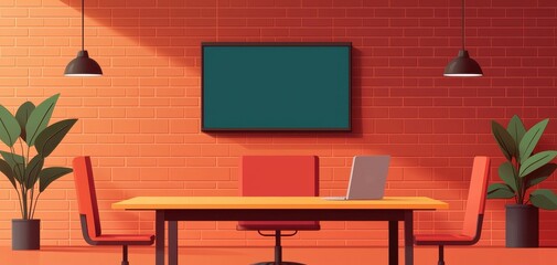 Modern office space with orange walls, stylish furniture, plants, and a large screen for presentations.
