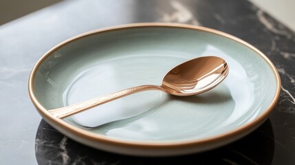 A rose gold spoon resting on a ceramic dish, catching light and adding elegance to the setting