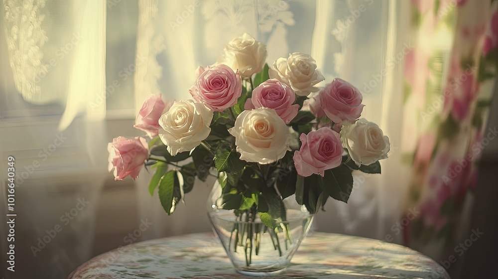 Poster A delicate bouquet of pink and white roses in a glass vase, enhancing a warm and inviting home interior with soft natural tones.