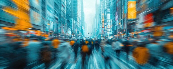Crowd of people walking in a busy city street, blurred motion effect, urban lifestyle, modern society.