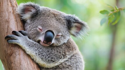 Naklejka premium Cute koala resting and sleeping on a tree branch, surrounded by lush green foliage.