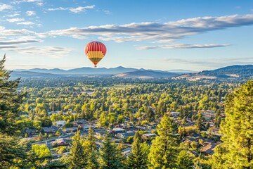 Fototapeta premium A vibrant hot air balloon soars majestically over Grants Pass, Oregon, on a beautiful summer morning, showcasing the lush landscape of rolling hills under clear blue skies.