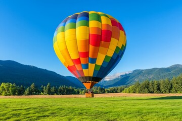 Obraz premium A vibrant hot air balloon soars majestically over Grants Pass, Oregon, on a beautiful summer morning, showcasing the lush landscape of rolling hills under clear blue skies.