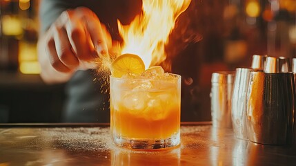 A flaming cocktail illuminated by a bartender hand zesting citrus, showcasing the excitement and spectacle of craft cocktails.