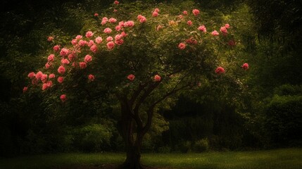 Obraz premium A blooming tree with pink flowers in a serene green setting.