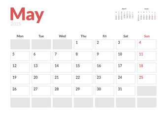 Monthly page Calendar Planner Template of May 2025. Vector layout of calendar with week start Monday for Scheduling. Page for size A4 or 21x29.7 cm