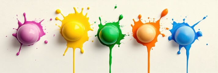 Colorful paint splashes in various hues on a white isolated background, perfect for creative projects.