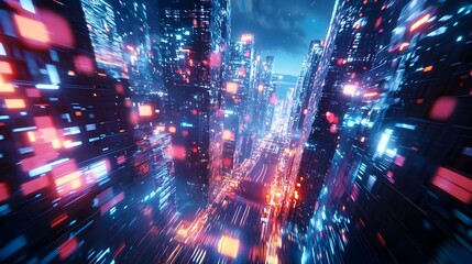 Obraz premium Dazzling cityscape filled with towering skyscrapers neon lights and dynamic motion effects creating an energetic and immersive backdrop for competitive gaming or eSports tournaments The futuristic