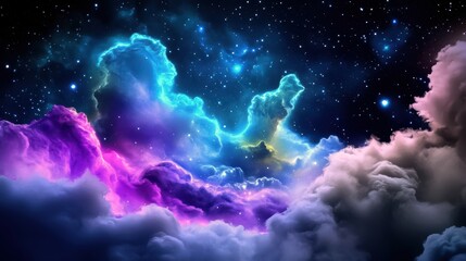 Vibrant cosmic clouds in shades of purple and blue against a starry night sky.