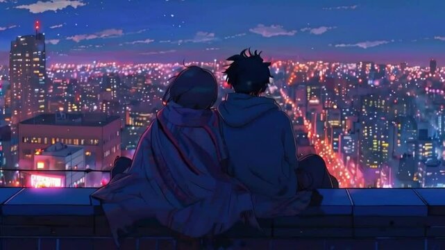 Animated virtual backgrounds cozy couple sits edge rooftop, wrapped in a blanket, watching city. lofi music 2D 4k Lofi Japanese manga Anime-style Looping hip hop Music Video Background