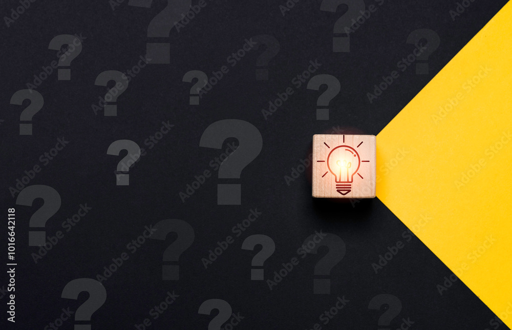 Poster glowing lightbulb on wooden block cube move yellow to black side with question mark for problem solv