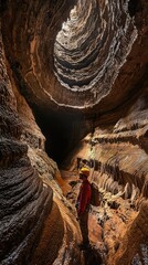 A lone explorer stands in a mesmerizing cave, surrounded by stunning rock formations and the beauty of nature's underground wonders.
