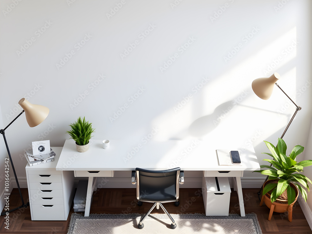 Wall mural interior of modern office with white walls, wooden floor, white computer table with black chair, cof